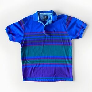 Vtg 90s Chaps Ralph Lauren Men's Blue Striped Polo Shirt Short Sleeve Rugby Sz M